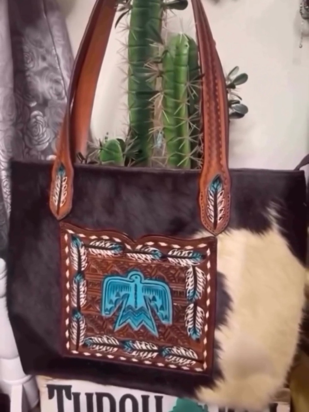 American Darling Brown and Turquoise Western Feather Tooled Shoulder Bag